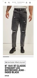 RNT23 Herren Neu Distressed Faded Black Größe 38 Jeans Straight Leg Neu mit Etikett - Bild 1 von 13