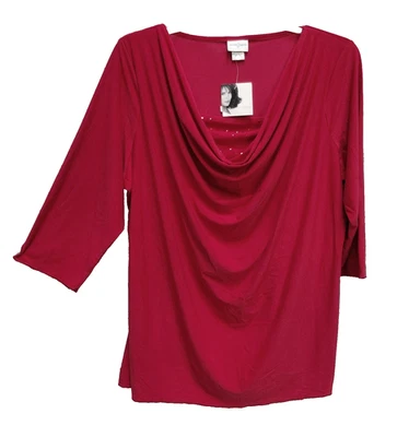 2X  JACLYN SMITH RED DRAPE MICROFIBER STRETCH KNIT 2-FER SEQUINS 3/4 SLEEVES TOP - Image 1 of 4
