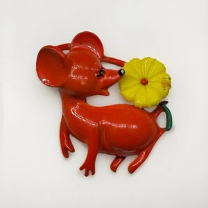 Vintage JJ Jonette Orange Mouse With Yellow Flower Brooch - Picture 1 of 3