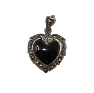 925 Silver Heart Marcasite Onyx Charm Pendant - Picture 1 of 9