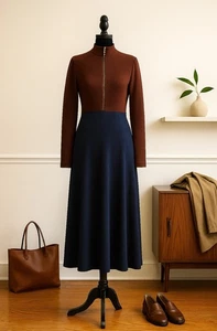 Diane Von Furstenberg Vintage 70s Midi Dress - M - Brown + Navy Colorblock USA - Picture 1 of 10