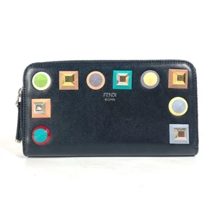 FENDI 8M0299 Long Wallet Studs Round Leather Men's Women's Black - Picture 1 of 13