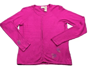 VTG Easel Womens Cardigan Sz M Fuschia Floral Beaded Hook & Eye Long Sleeve - Picture 1 of 11