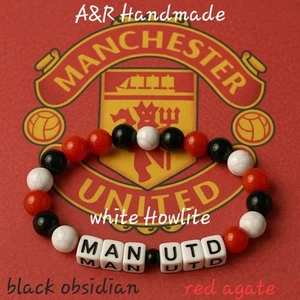 Manchester United Beaded Bracelet – Red Agate, Obsidian, White Howlite, MAN UTD - Picture 1 of 1