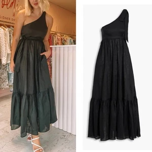 Zimmermann Dress Size 2 Medium M 12 / US 8 Black Linen Maxi Bow One Shoulder - Picture 1 of 13