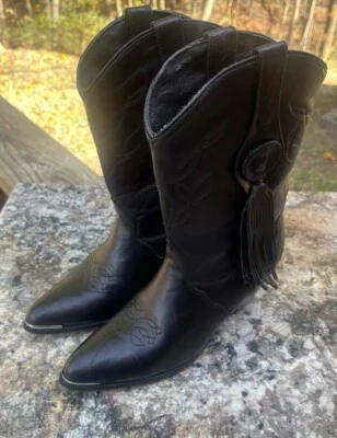Botas de Vaquero Oak Tree Farms Cuero Negro Borlas Western Para Mujer Talla 7.5 Foto 1 de 4