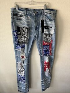 Rockstar Original Bandana Patchwork Blue Jeans Men’s Size 38 x 32 NEW WITH TAGS