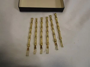 Vintage Metall vergoldet Kunst Bambus Cocktail Gabeln Set 6 OVP 1960er - Bild 1 von 10