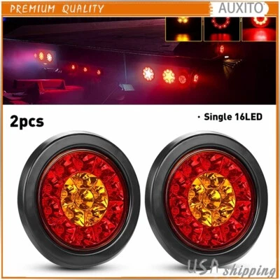 2X 4inch Round Red Amber 16-LED Truck Trailer Brake Stop Turn Signal Tail Light - Image 1 of 4