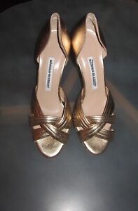 MANOLO BLAHNIK Gold Leather Strappy Open Toe High Heel Shoes Womens 37
