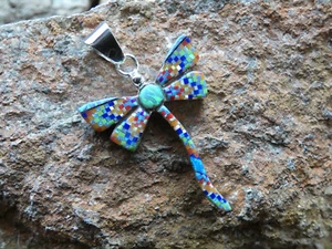 Dragonfly Mosaic Micro Inlay Gemstone Fire Opal Sterling Silver 925 Pendant P13 - Picture 1 of 10