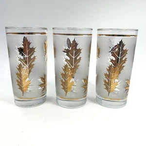 3 Libbey Golden Foliage Tumblers Frosted Leaves Vintage Mid Century Modern 12 Oz - Picture 1 of 4