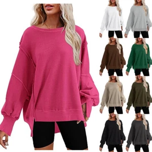Womens Oversized Crewneck Solid Sweatshirt Side Slit Long Sleeve Pullover Tops - Picture 1 of 27