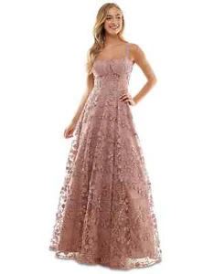 Say Yes to the Prom Juniors' Pink Floral-Embroidered-Mesh Gown Dress - 11 - Pink - Picture 1 of 4