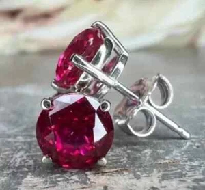 2Ct Round Lab-Created Ruby Diamond Women's Stud Earring's 14K White Gold Plated - Picture 1 of 5