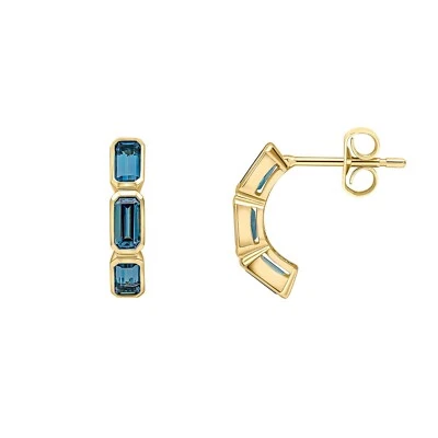Alargados Topacio Azul Medio Aro Pendientes 9ct Oro Amarillo 375 Contraste - Imagen 1 de 3