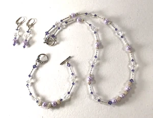 Faux Pearl Purple Clear Crystal Necklace Bracelet & Earrings 3pc Set Wedding - Picture 1 of 13