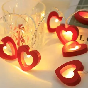 Valentine's Day Wooden Heart String Lights LED Fairy Lights Hanging Wood Lamp - Picture 1 of 15