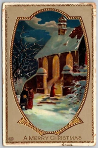 Postcard A Merry Christmas Snowy Church Scene People Outside Gel Coated - Foto 1 di 2