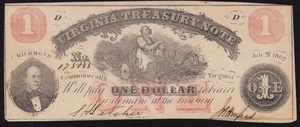 1862 Civil War Era Virginia Treasury Obsolete Note $1 Dollar - Plate D VF - Picture 1 of 3