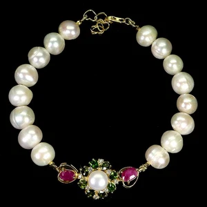 925 Sterling Silver Bracelet Oval Ruby White Topaz Pearl Gemstone Jewelry 7.5in - Picture 1 of 13