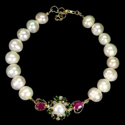 925 Sterling Silver Bracelet Oval Ruby White Topaz Pearl Gemstone Jewelry 7.5in - Image 1 of 4