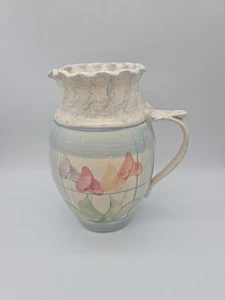 Cheri Studio Pottery Ruffled Edge Large Pitcher Hand Painted Tulips Signed - Picture 1 of 10