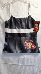 NWT$ BETTY BOOP Babydoll Tank Top Sz L Black White Polka Dot 90s Y2K Novelty - Picture 1 of 6