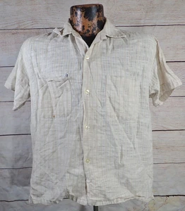 Vintage 50s 60s Penneys Towncraft Loop Collar Shirt M Tan White Plaid Distressed - Picture 1 of 13