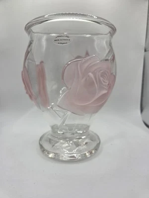 Teleflora Glass Heavy Vase Raised Puff Frosted Pink Roses Lead Crystal France - Image 1 of 4