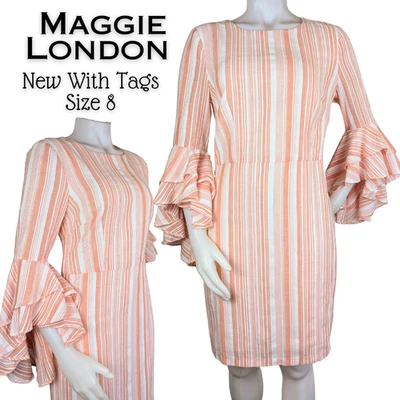 New Maggie London Sheath Dress 8 Orange White Stripe Ruffled Sleeve Wedding Boho - Image 1 of 4