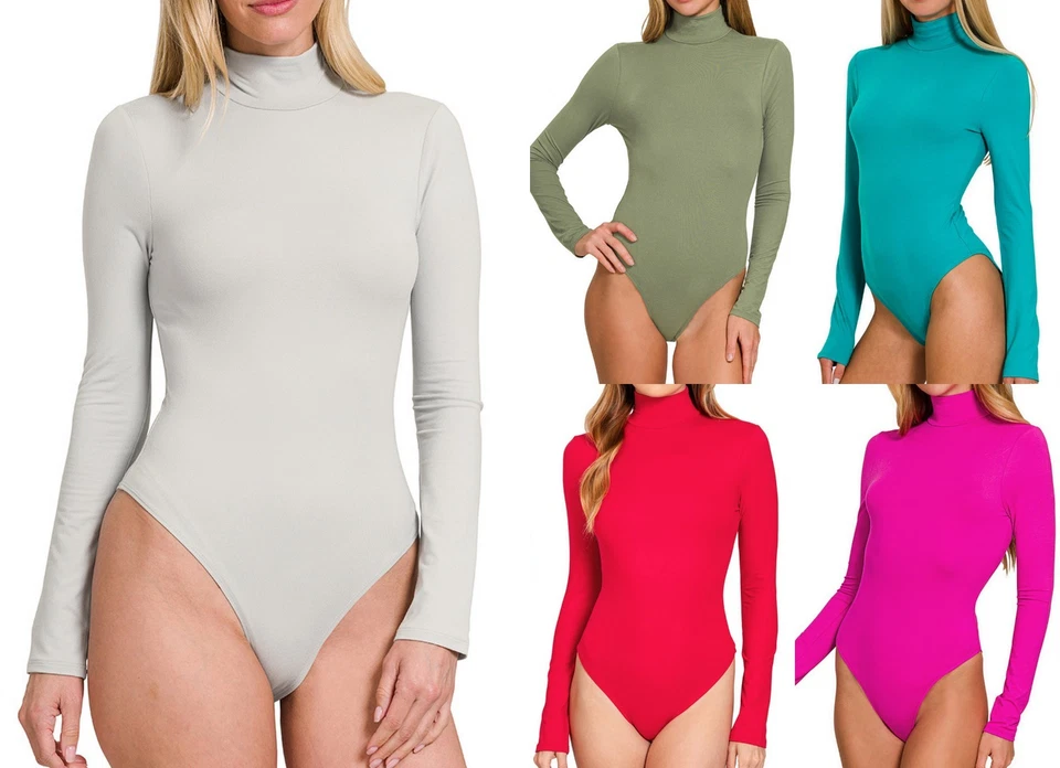 Body para mujer cuello falso manga larga top suave elástico clásico camisa ajustada Foto 1 de 1