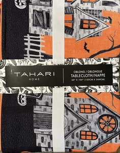 Tahari Halloween Orange Haunted House Border Cloth Tablecloth 60” X 104” - Picture 1 of 2