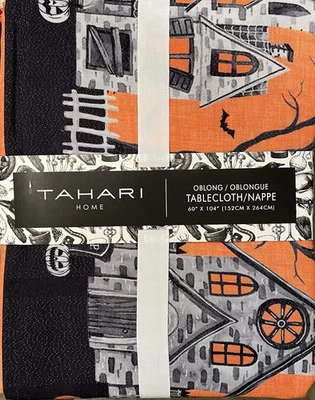 Tahari Halloween Orange Haunted House Border Cloth Tablecloth 60” X 104” - Image 1 of 2
