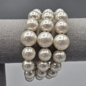 Faux Pearl Memory Wire Bracelet Triple Row Cuff Costume - Picture 1 of 6