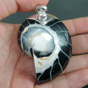 Colgante grande de plata de ley 925 concha y perlas Nautilus negras BLN-47 - Imagen 1 de 7