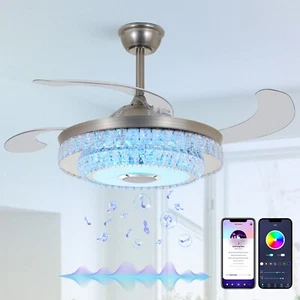 Bluetooth 42'' Crystal Ceiling Fan Light 7 Color Changes Music Player Chandelier - Picture 1 of 10