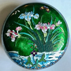 VINTAGE JAPANESE GIN BARI ENAMEL IRIS FLOWER ROUND ENAMEL COVERED BOX 3 3/4 DIA - Picture 1 of 12