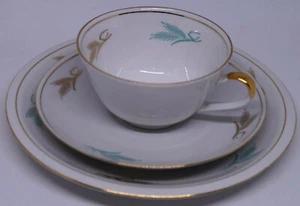 KAHLA 3 Piece Trio Vintage Tea Cup Saucer Plate German Aqua Gold Wheat 1937–57 - Picture 1 of 9