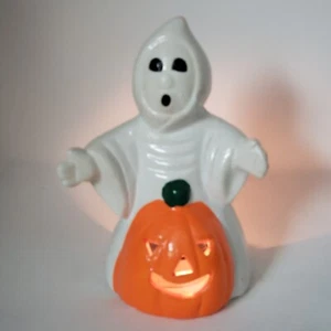 Vintage Halloween Fantasma con Jack O Lanterna Portacandela Ceramica Taiwan - Foto 1 di 12