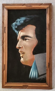 Vtg Crying Elvis Presley Black Velvet Painting 22.5" x 13.5” Wood Frame Signed B - Picture 1 of 9