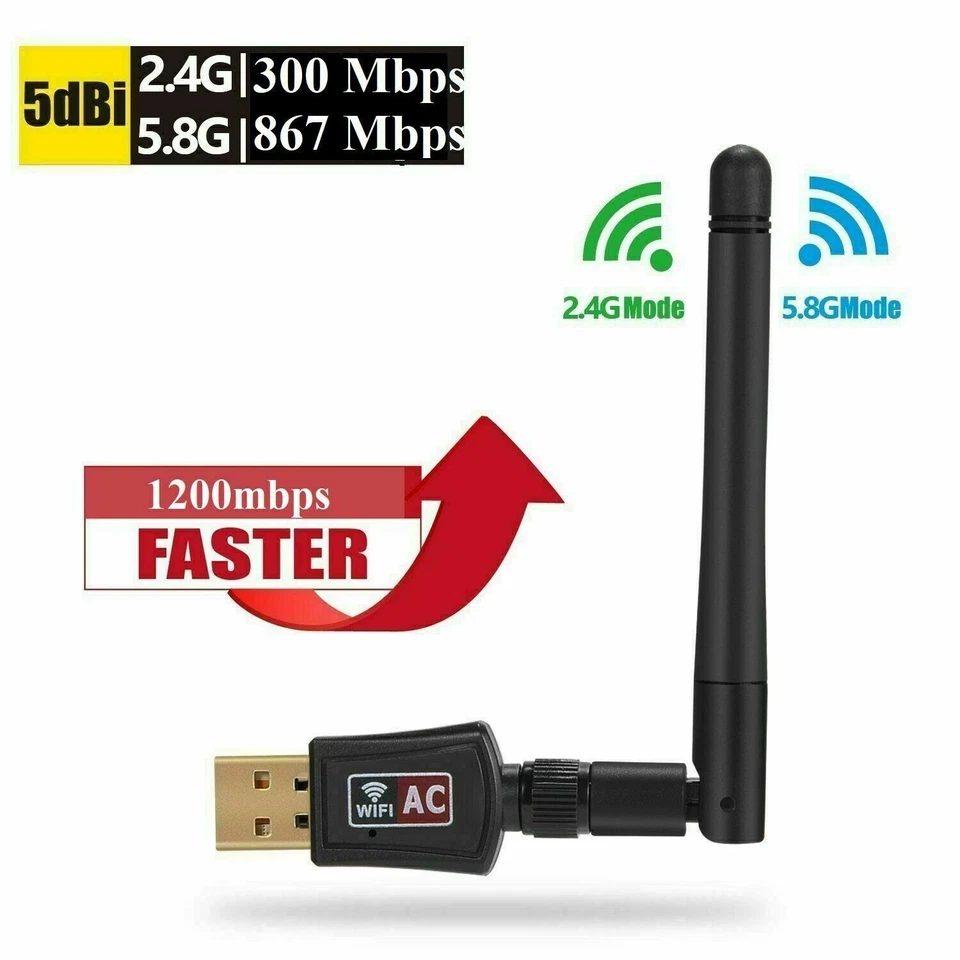 AC1200 Mbps Dual Band 2.4/5Ghz Wireless USB WiFi Network Adapter Antenna 802.11 - Image 1 of 4