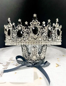 Royal Queen Crown, Black Crystal Crown, Silver Wedding Party Crown, Prom Crown - Picture 1 of 7