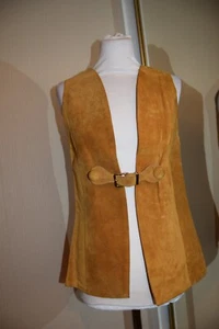 DEYBRIDGE WELLS Vintage 1960s Go Go Tan Suede Buckle Jerkin Long Waistcoat 6 - 8 - Picture 1 of 15
