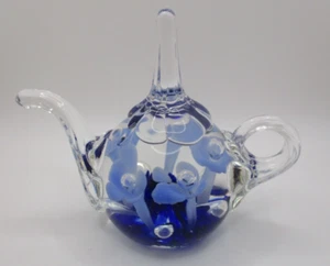 Joe Rice Art Glass Tea Pot Paperweight Ring Holder Cobalt Blue Trumpet Flowers - Picture 1 of 6
