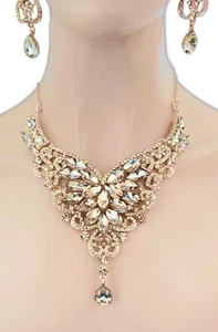 Klassische beige hellbraune Kristall Vintage Look Abend Halskette Ohrringe Set - Bild 1 von 3