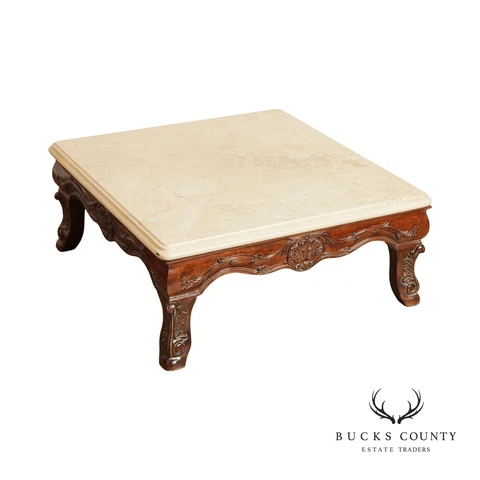 Rococo Style Square Travertine Marble Top Coffee Table Cover