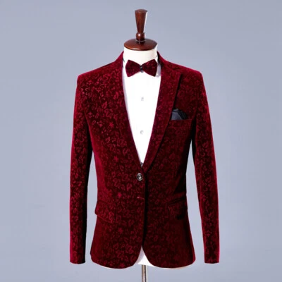 Mens Floral Red Velvet Suit Jacket and Pants Set Wedding Tuxedo Prom Dinner Slim - Image 1 of 4
