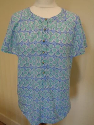 ROLLER RABBIT BLUE, GREEN AND WHITE PRINT SHORT SLEEVE BLOUSE - SIZE SMALL - Image 1 of 4