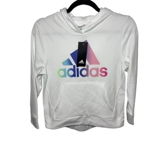 Felpa con cappuccio Adidas nuova con etichetta bambino bianca con logo arcobaleno taglia L (14) piccola macchia sul retro - Foto 1 di 5
